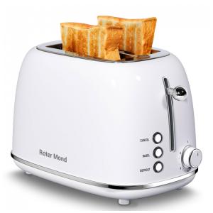 Torradeira Roter Mond inox branca 2 fatias vintage 6 níveis bagel/defrost/cancel ranhuras largas bandeja removível 825W acabamento brilhante