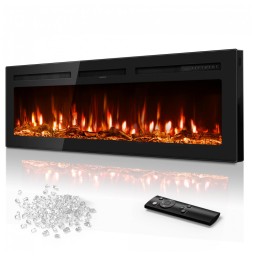 Lareira Elétrica de 152 cm, Embutida ou de Parede, Ultrafina, Aquecedor Linear 750/1500W com Chama Realista, Alta Temperatura