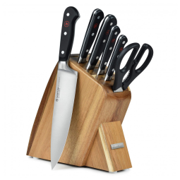 Wu Conjunto de Facas em Aço Inoxidável com Afiador Embutido e Bloco de Acácia 7 Peças, WSTHOF, Preto