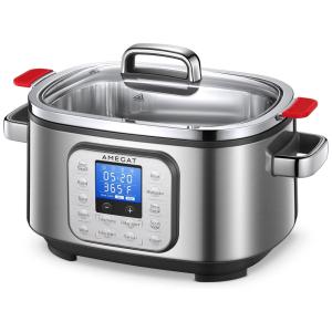 Panela Elétrica Multifuncional 10 em 1, 6 Litros com Tampa de Vidro, Temperatura Ajustável e Display LED, 110V 1400W, Amegat, Prata