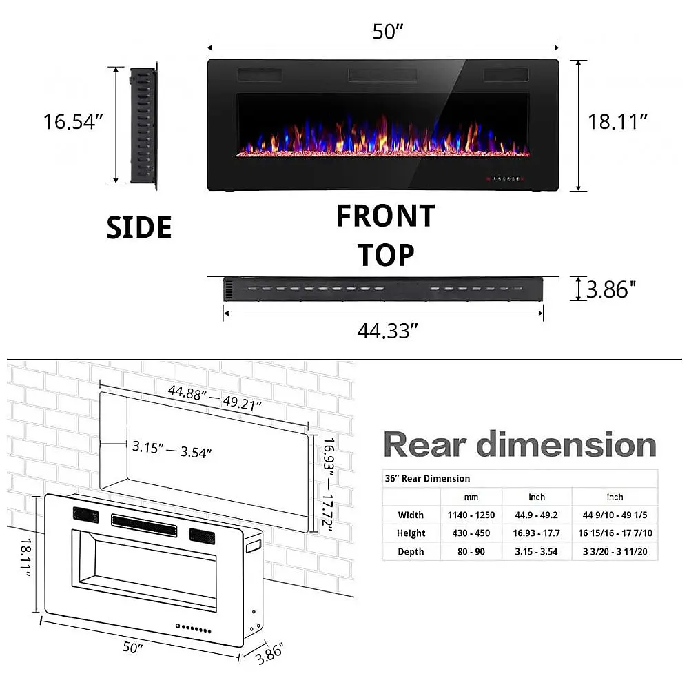 Lareira Elétrica R.W.FLAME 127x46cm 1500W Chamas LED Ajustáveis Embutir 110V — foto 3
