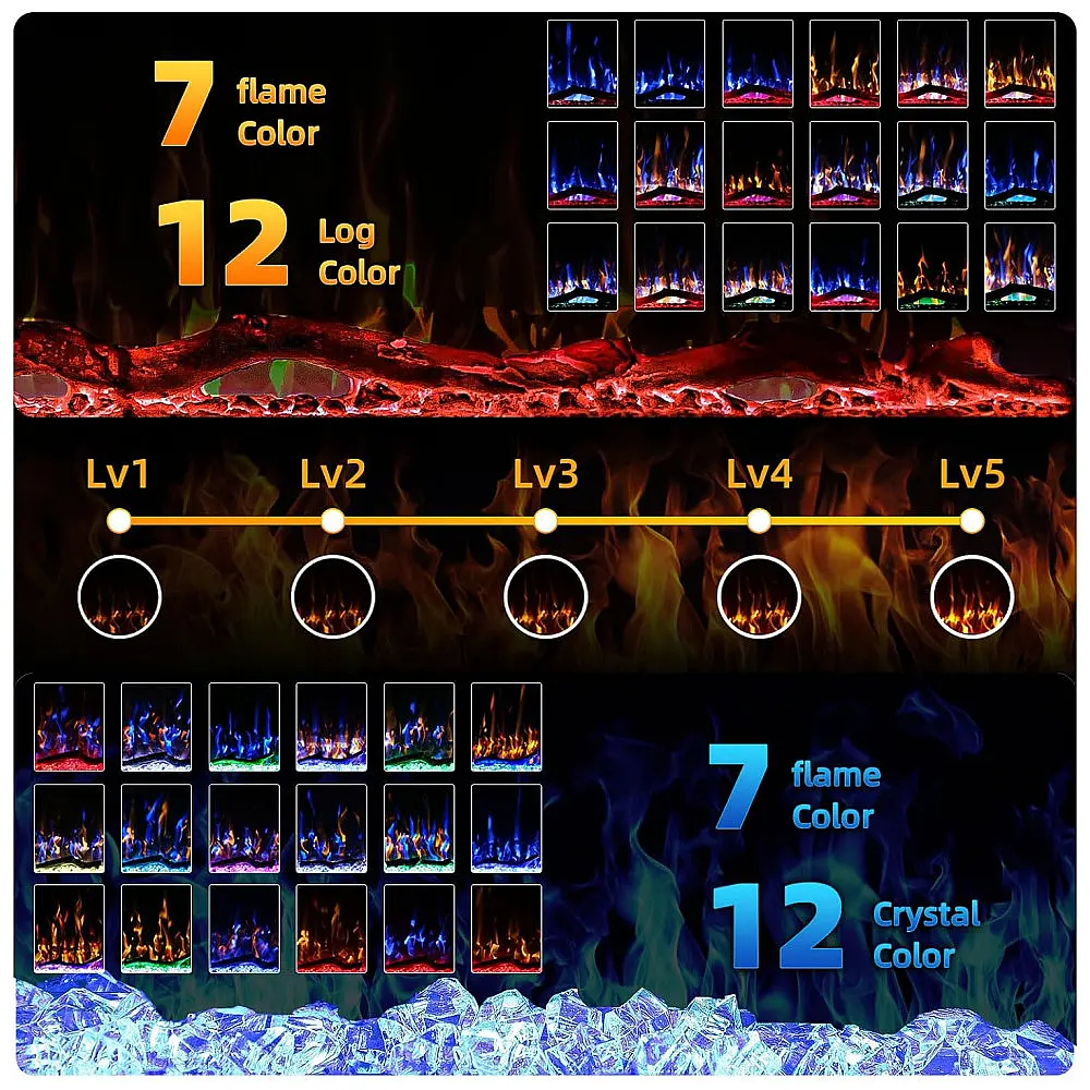 Lareira Elétrica BREEZEHEAT 107x49cm 1500W Chamas LED 12 Cores Embutir 110V — foto 2