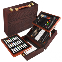 Kit de Pintura Profissional com Maleta de Madeira, 83 Peças, ART QIDOO, Marrom Escuro