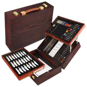 Kit de Pintura Profissional com Maleta de Madeira, 83 Peças, ART QIDOO, Marrom Escuro