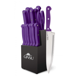 Conjunto de Facas em Aço Inoxidável com Bloco de Bancada, 14 Peças, Ginsu Kiso, Roxo