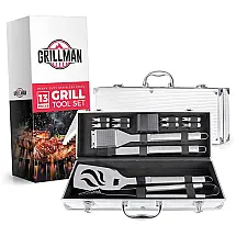 Kit Churrasco na Grelha 13 Peças de Aço Inoxidável e Escova de Limpeza com Estojo de zenamento, GRILLMAN GRLMN 13PC GTS, Prateado