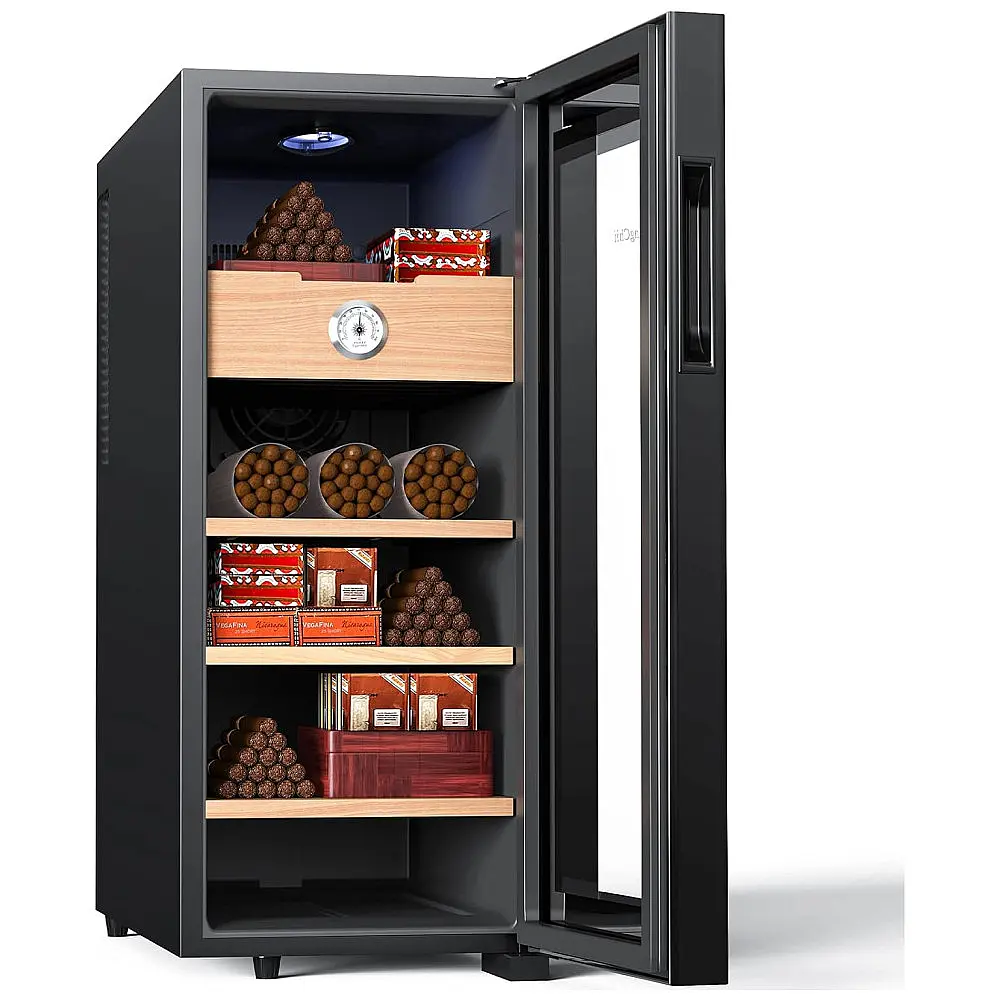 Humidor Elétrico KingChii Preto 33L Controle Temperatura Prateleiras Cedro Espanhol 250 Charutos 110V