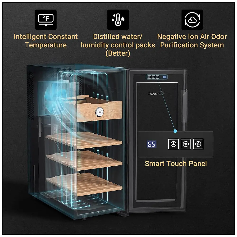 Humidor Elétrico KingChii Preto 33L Controle Temperatura Prateleiras Cedro Espanhol 250 Charutos 110V — foto 3