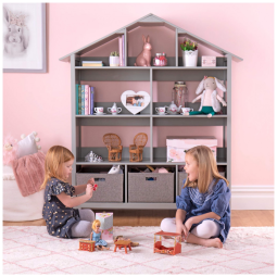 Estante-casa de bonecas infantil Martha Stewart Kids’ Deluxe Dollhouse Bookcase cinza em madeira com 10 nichos e bins de tecido