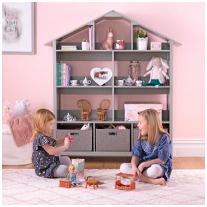 Estante-casa de bonecas infantil Martha Stewart Kids’ Deluxe Dollhouse Bookcase cinza em madeira com 10 nichos e bins de tecido