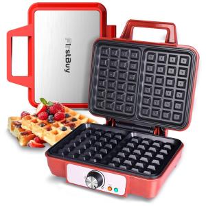 FirstBuy Máquina de Waflle Antiaderente 4 Fatias com Controle de Temperatura, 1080W, 110v, F1RSTBUY BLA1109, Vermelho