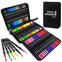 Conjunto de Canetas Artisticas 60 Cores de Pontas Duplas com Estojo de Transporte para Adultos, SCOPOW