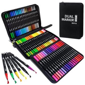 Conjunto de Canetas Artisticas 60 Cores de Pontas Duplas com Estojo de Transporte para Adultos, SCOPOW