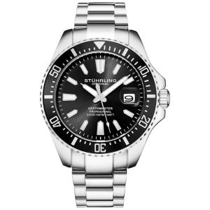Relógio Masculino Pro Diver Watch Mergulho Coroa de Parafuso 100M Movimento de Quartzo, STUHRLING 3950A.1, Prateado