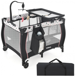 Berço Cercado Portátil 3 em 1 Dobrável com Colchão Removível, Trocador, Móbile, Bolsa de Transporte e 2 Rodas, INFANS, Preto e Rosa