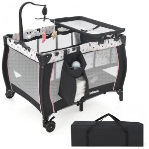 Berço Cercado Portátil 3 em 1 Dobrável com Colchão Removível, Trocador, Móbile, Bolsa de Transporte e 2 Rodas, INFANS, Preto e Rosa
