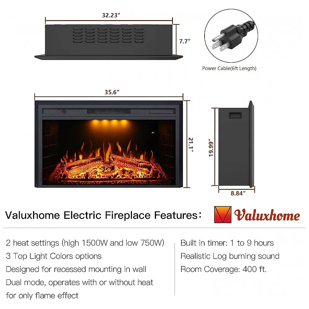 Lareira Elétrica de Embutir A53x90L com Controle Remoto, 1500W, 110V, VALUXHOME VEF33W, Preto — foto 3