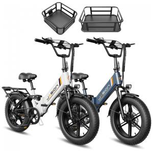 Kit 2 bicicletas elétricas dobráveis Jasion X-Hunter ST branca e azul cestos pneus 20x4 motor 750W pico 1400W bateria 48V 13Ah 70 km 110V