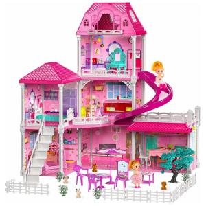 Casa de Bonecas com 3 Andares 6 Quartos e 2 Bonecos para Crianças a partir de 3 anos, TEMI, Rosa