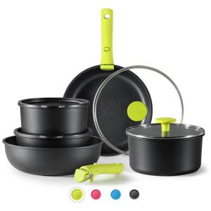 Jogo de Panelas e Frigideiras Antiaderentes em Granito com 11 Peças e Cabo Removível, CAROTE, Preta e Rosa