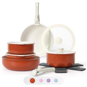 Jogo de Panelas e Frigideiras Antiaderentes em Granito com 15 Peças e Cabo Removível, SODAY, Laranja