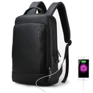 Bopai Mochila de Couro com Carregamento USB Masculina, Preta