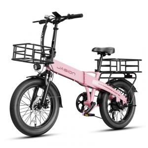 Bicicleta elétrica dobrável Jasion EB6 rosa com cesto, pneus 20x2,5, motor 500W pico 1000W, bateria 48V 10,5Ah, 7 marchas
