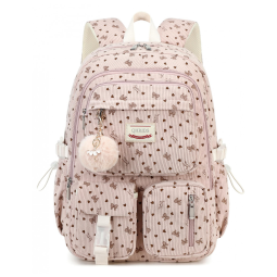 Mochila escolar QHRIDS corduroy rosa com laço, para notebook 38 cm, grande capacidade com bolso antirroubo