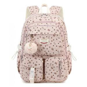 Mochila escolar QHRIDS corduroy rosa com laço, para notebook 38 cm, grande capacidade com bolso antirroubo