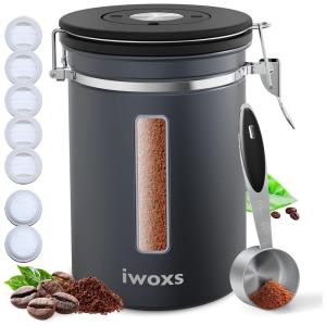 iwoxs Pote Hermético para Café 650 mL com Visor Transparente e Colher Medidora, Preta