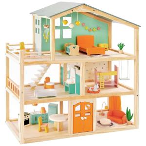 Casa de Bonecas de Madeira com 15 Acessórios 3 Andares para Crianças a partir de 3 anos, Giant bean, Branca