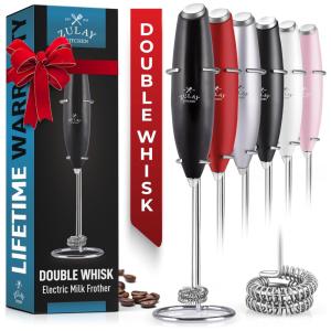Espumador Elétrico de Leite em Aço Inoxidável a Bateria com Suporte, ZULAY KITCHEN Twin Whisk 12,500 RPM, Rosa