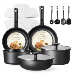 Jogo de Panelas e Frigideiras Antiaderentes, Material em Granito com 11 Peças e Cabo Removível, CAROTE, Preto