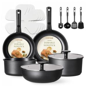 Jogo de Panelas e Frigideiras Antiaderentes, Material em Granito com 11 Peças e Cabo Removível, CAROTE, Preto