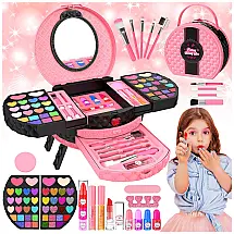 Kit de Maquiagem Infantil com 66 Peças para Crianças de 3 a 10 Anos, MINIFUN, Rosa, Vermelho e Preto