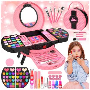 Kit de Maquiagem Infantil com 66 Peças para Crianças de 3 a 10 Anos, MINIFUN, Rosa, Vermelho e Preto