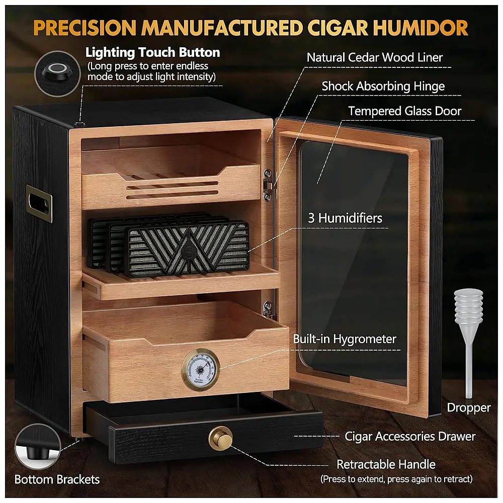 Humidor de Mesa Tesonway Preto com Sistema de Iluminação e Controle de Umidade para 100-150 Charutos — foto 2