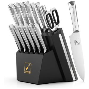 Conjunto de Facas Imarku em Aço Inoxidável Alemão com Bloco de Bancada Multinível, 15 Peças, Prata