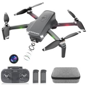 Drone GPS com Câmera 90° Ajustável, Retorno Automático, Decolagem/Pouso com Uma Tecla e 2 Baterias Recarregáveis, TOPUAV, Preto