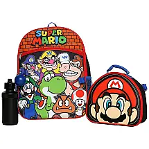 Mochila Escolar Infantil 40cm Nintendo Super Mario Bros 4 Peças com Lancheira para Crianças, Vermelha