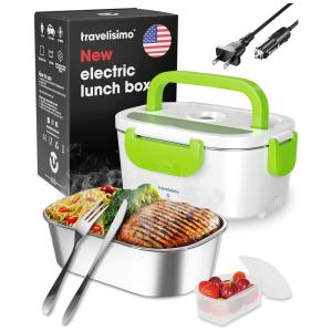 Marmita Elétrica 3 em 1 Portátil 1.5L com Divisórias, 24, 12V, 40W, 110v, TRAVELISIMO, Verde