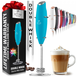 Espumador de Leite Portátil com Suporte de Aço Inoxidável e Batedor Duplo, ZULAY KITCHEN Twin Whisk 12,500 RPM, Azul