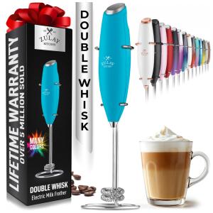 Espumador de Leite Portátil com Suporte de Aço Inoxidável e Batedor Duplo, ZULAY KITCHEN Twin Whisk 12,500 RPM, Azul