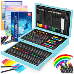 Kit Lápis de Cor Profissional com Maleta de Madeira 150 peças Tintas Acrílicas, Aquarela, IBAYAM, Azul