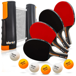 Idoraz Kit de Ping Pong com Mesa Portátil, 4 Raquetes, 6 Bolas, Vermelho, Preto