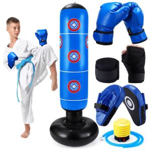 Halloscume Kit de Boxe Infantil 7 Peças com Bolsa de Pancadas Inflável e Luvas - Treinamento Completo para Karate e Taekwondo