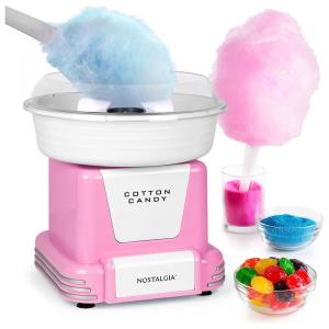 Máquina de Algodão Doce Elétrica Nostalgia Retrô em Aço Inoxidável com 2 Cones Reutilizáveis e Colher de Açúcar, 110V, Rosa