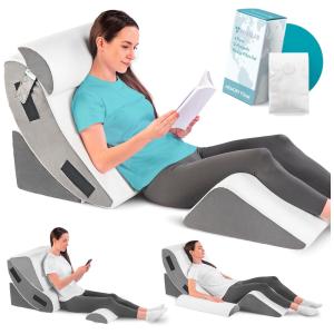 Conjunto de 4 Travesseiros Ortopédicos com Memória em Cunha para Alívio de Dor Pós Cirurgia, Refluxo Ácido e Ronco, MOZAILAB, Branco e Cinza