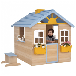 Casa de Madeira para Crianças Outsunny, Ideal para Brincadeiras ao Ar Livre, com Porta, Janelas, Banco e Estação de Serviço,