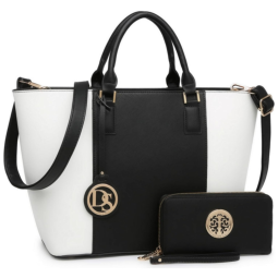 Bolsa de Ombro Feminina com Aça Superior e Carteira, e Branca, DASEIN KC XL 02 6417W BK, WT, Preto
